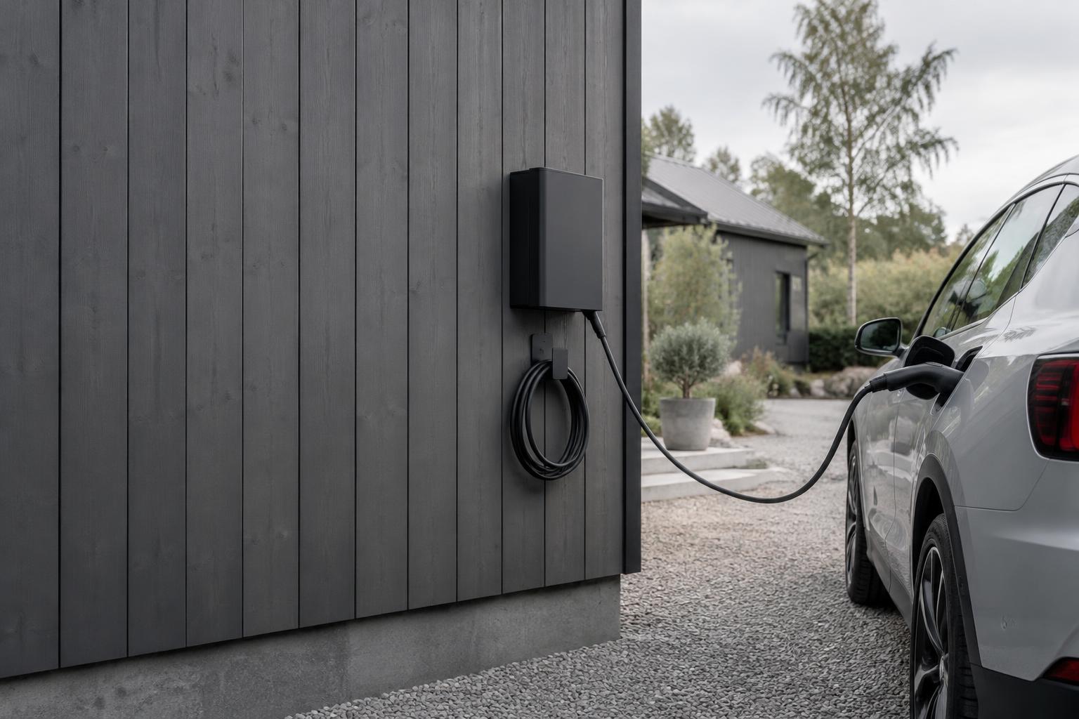 Väggmonterad laddbox som laddar en elbil vid ett hus